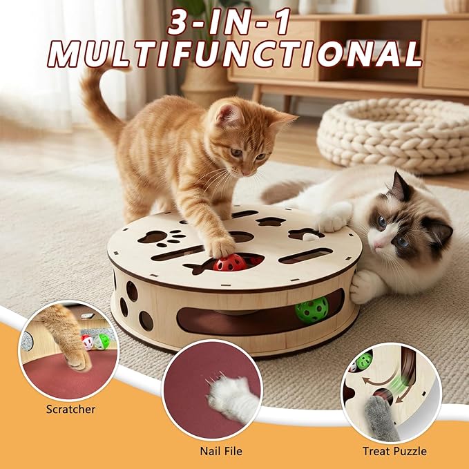 Cylindrical Cat Nail File Box, Wooden Cat Scratch Puzzle Enrichment Box with Sandpaper & 3 Bell Balls, Interactive Cat Scratcher for Nail Trimming, Stress-Free Alternative to Clippers for Indoor Cats