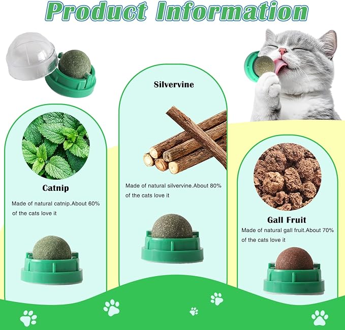 3PCS Catnip Balls for Cats Wall Edible Cat Toys with Catnip Silvervine Gall Fruit Flavors for Cat Lick Safe Teeth Cleaning Dental Cat Toys