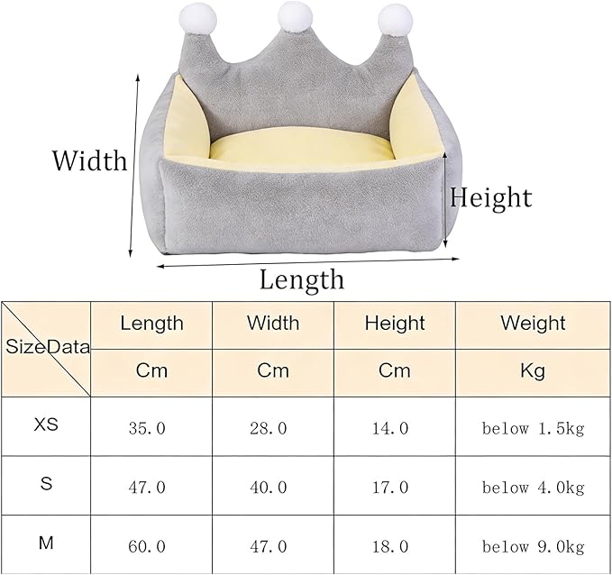 Cute Crown Pet Beds for Dogs Cat,Fashionable Luxurious Crown Cat Princess Beds Winter Warm Puppy Cat Sofa Bed Soft Upholstered Plush Sofa,Durable Washable Anti-Slip Dog Beds (Grey, XS Below 1.5 kg)