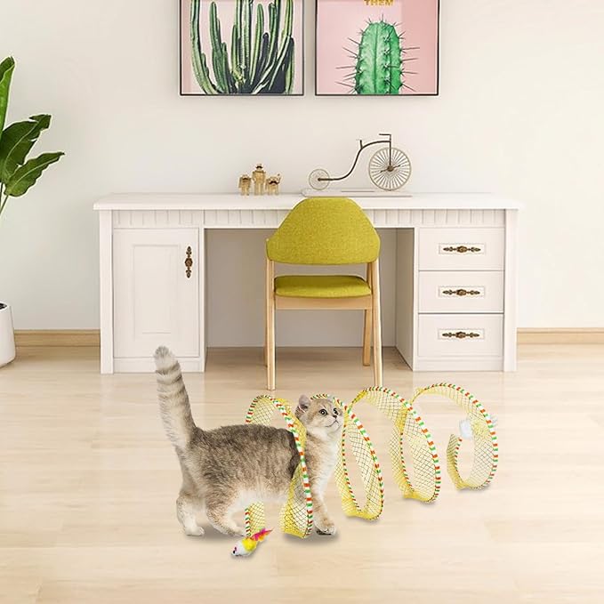Andiker Cat Tunnel Toy, 10 inch Collapsible Metal Cat Spring Toy with Nylon Mesh, Feather, Mouse, and Bell, Interactive Cat Toys for Indoor Cats to Scratch, Puzzle, Relax and Kill Time (Blue)