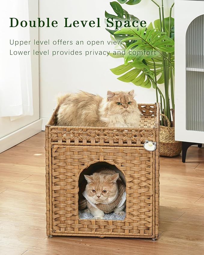 SETVSON Cat Beds for Indoor Cats Extra Large Double Cat Cave Pet Cube, Handwoven Rattan Cat Houses with Double-Sided Soft Cushions, 18.5 x 20.5 x 19.1 Inches Foldable Hideaway in Living Room Natural