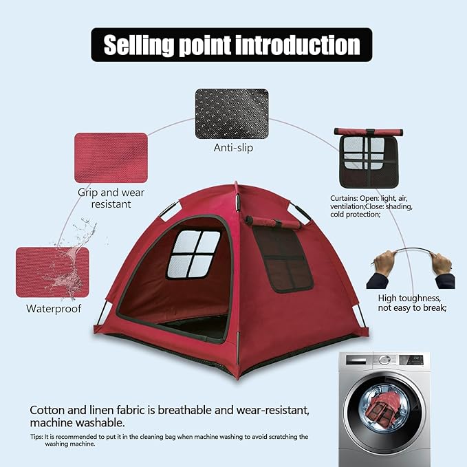 Anti-Anxiety Open Pet Tent, Calming Hideaway Monitoring Bed for Cats & Small Dogs, Breathable Mesh, Tool-Free Setup, Indoor Outdoor Travel, Red