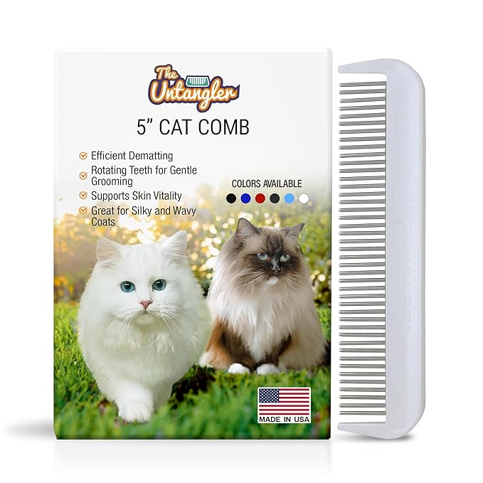 Cat Comb with Silky Smooth Rotating Teeth - Clears Mats Gently (5" Ultra Fine Teeth; 7" Dual Teeth) (White, 5")