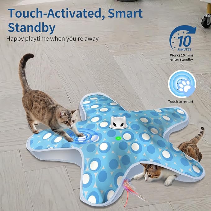 Rechargeable Interactive Cat Toys, Automatic Cat Toy for Indoor Cats, Durable Hide and Seek Cat Toy with Moving Concealed Feathers, Touch Activated Kitten Toys Cat Exercise Toys, Blue White Cover