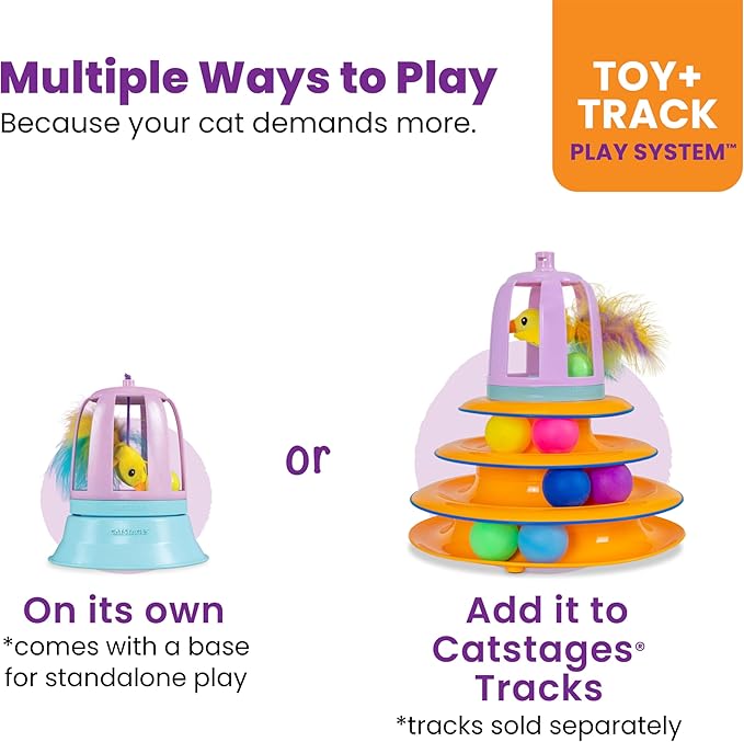 Catstages 2-in-1 Chirping Bird Interactive Cat Toy – Touch-Activated Toy with Sound and Ball Track Fun, Standalone Toy or Track Add-On, Purple