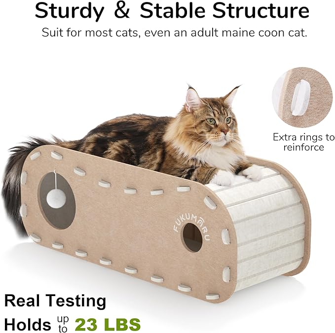 FUKUMARU Cat Beds for Indoor Pets 31.5 Inch, Extra Long Cozy Cat Bed Cave Tunnel for Multiple & Large Cats, Felt Kitten Hideaway House with Fluffy Ball, Scratch Resistant, Warm & Safe, Beige