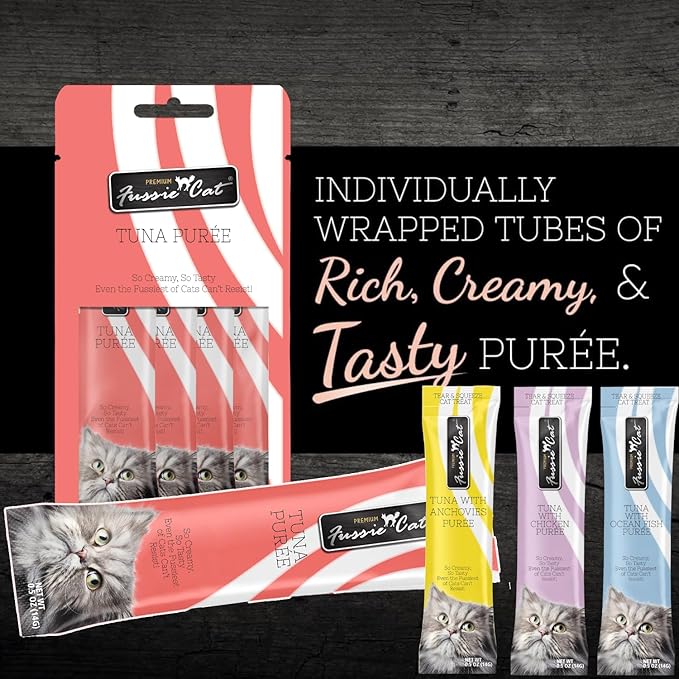 Fussie Cat Premium Puree Lickable Cat Treats in Tuna Puree, 4 Flavors, 4 Packs of 4-0.5oz Tubes (16 Total Tubes) +Lid