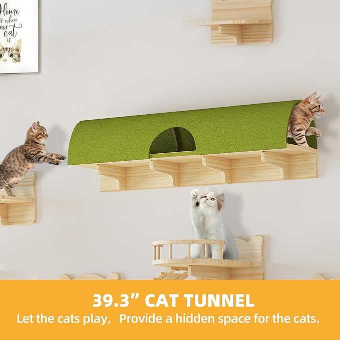 16-in-1 Cat Wall Shelves, Multi-Level Solid Wood Cat Furniture for Wall, Floating Cats Wall Shelves Set, Cat Climbing Wall Systems with Scratching Post & Tunnel, Floor Space-Saving, Burlywood