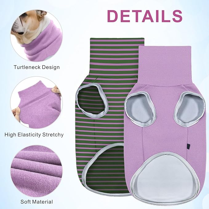 Idepet 2 Pack Striped Dog Sweater, Stretchy Dog Shirt Vest Turtleneck Pet Pullover Puppy Clothes Reflective Sweatshirt Fleece Cat Apparel (Grey Stripe + Purple, XX-Large)
