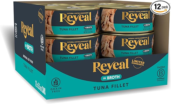 Reveal Natural Wet Canned Cat Food, Limited and Natural Ingredients, Grain Free, High Protein with No Artificial Additives, Tuna Fillet in Broth (12 x 5.5 oz Cans)