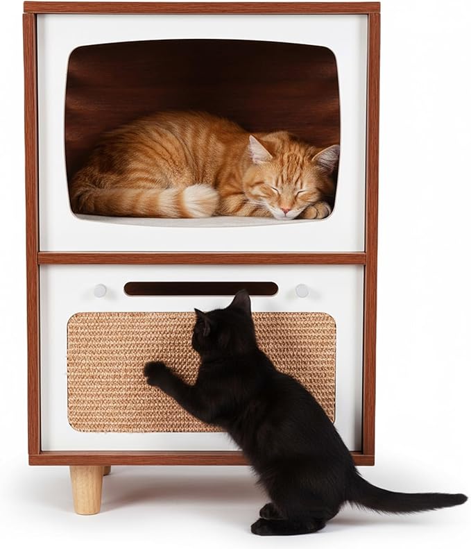 Generic Two-Tier Indoor Cat Activity Center with Scratching Board Vintage TV Shaped Cat Furniture Retro TV-Style for Living Room Bedroom Decoration