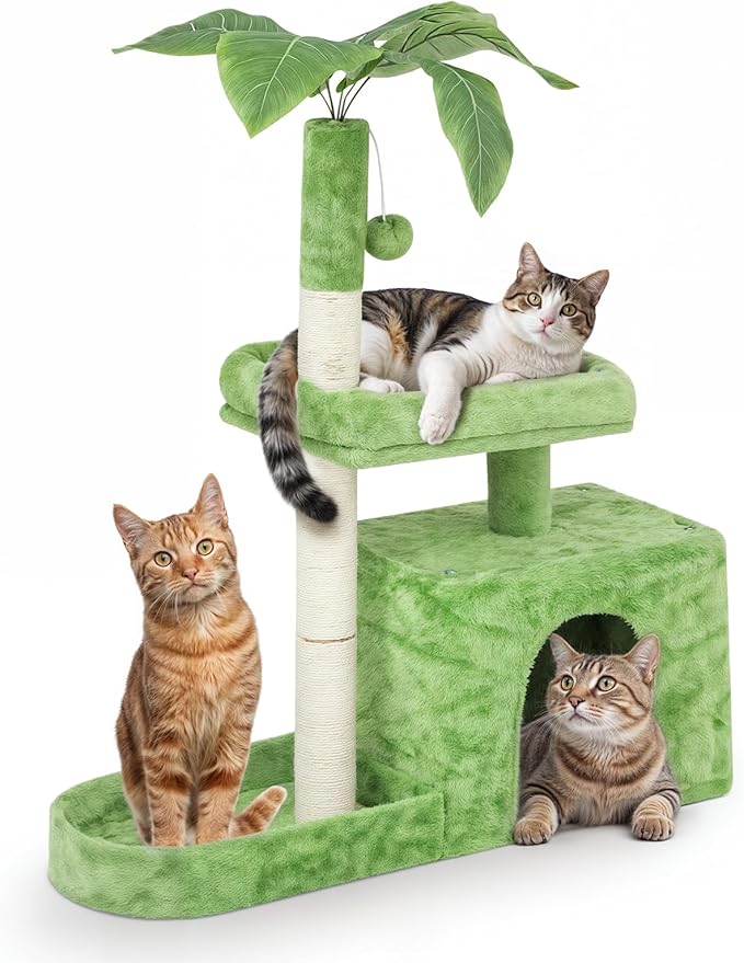 Cat Tree, 32 Inch Cat Tower with Scratching Posts, 1 Caves,1 Pompom,1 Hammock, Green Leaves and Cozy Condo, Cat House Cat Tree for Indoor Cats Large Adult - Green