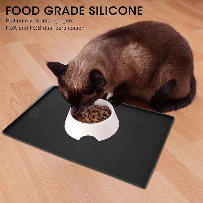 Dog Feeding Mat, Waterproofed Cat Food Mats, Anti Slip Silicone Cat Dog Food Mat for Messy Drinkers to Protect Floors (Black)