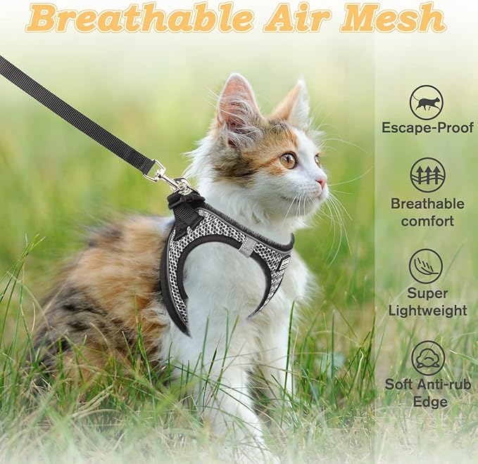 Cat Harness and Leash for Walking Escape Proof, Adjustable Kitten Vest Harness Reflective Soft Mesh Puppy Harness for Outdoor, Comfort Fit, Easy to Control (Gray, XXS)