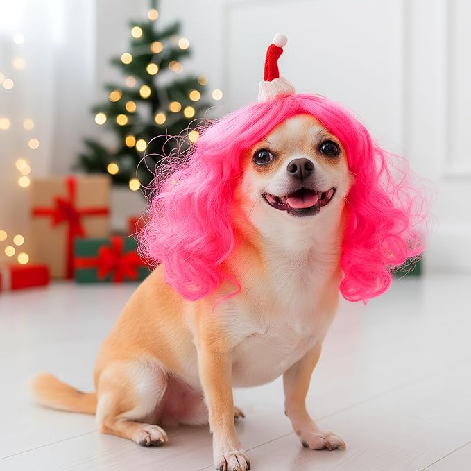 Christmas Dog Cat Pet Wig for Small Medium Large Dog Cosplay Costumes (Pink)
