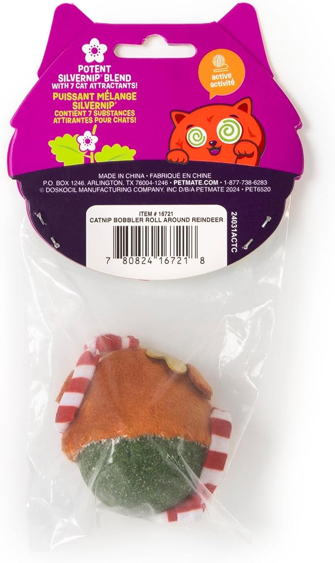 Mad Cat Catnip Bobbler Roll Around Reindeer Plush Soft Cat Toy, Pack of 1
