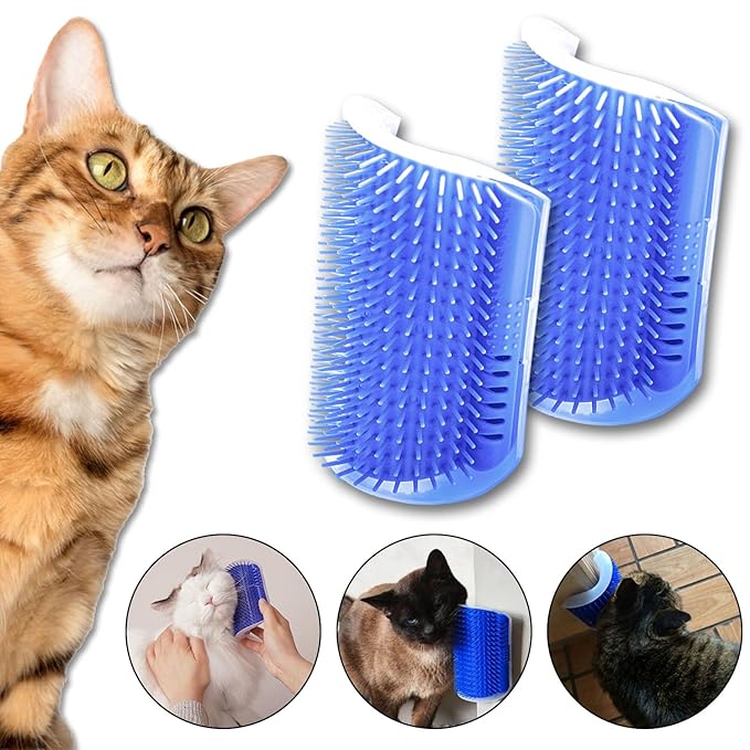 Cat Self Groomer – Wall Corner Grooming Brushes for Cats and Small Pets – Soft Massage Brush for Shedding Control and Face Rubbing (Dark Blue)