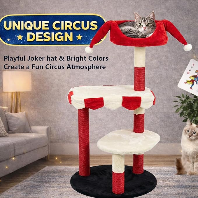 Circus Clown Cat Tree Tower, Multi-Level Cat Condo with Plush Platforms & Scratching Posts, Cute Circus Theme Cat Furniture for Indoor Cats (red)