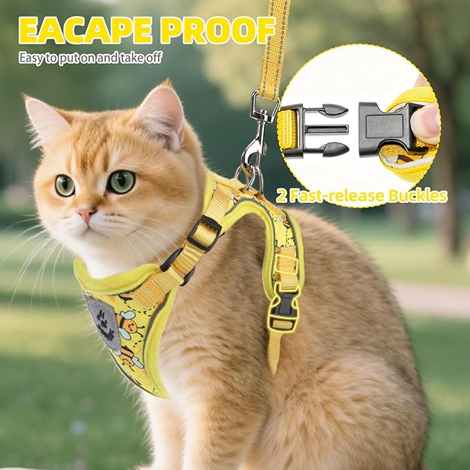 PUPTECK Cat Harness and Leash Set Escape Proof Reflective Cat Walking Harness Adjustable Soft Breathable Mesh Vest for Small Pets, Yellow Bee, S