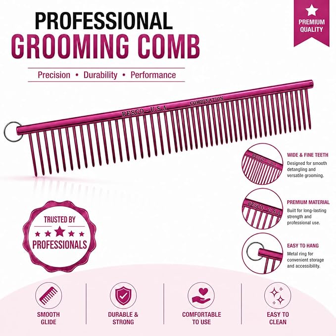 Resco Professional Anti-Static Best Dog, Cat, Pet Grooming Comb, Medium/Coarse Tooth Spacing, 1.5-Inch Pins, Candy Red