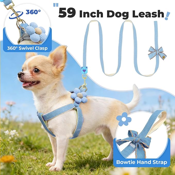 PETCARE Cute Flower Dog Harness and Bowtie Leash Set Easy Walk Puppy Dog Halter Harnesses for Small Dogs Boy Step in Dogs Harness with Buckle (Blue, Chest Adjustable 11"-17", Rope Width 0.59")