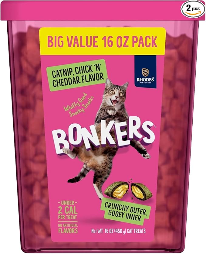 Bonkers Bites, Catnip and Chick 'N' Cheddar Flavor, Crunchy and Soft Texture Snacks, Low Calorie Healthy Treats, No Artificial Flavors, Perfect for Playtime Training Rewards, 2 Pack of 16 oz Tub