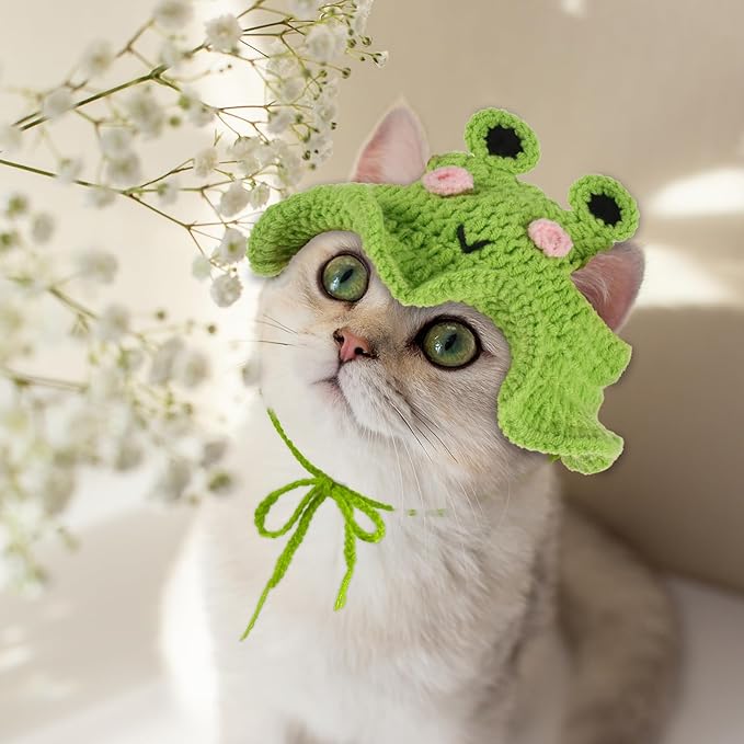 Piriuuo Frog Cat Hat, Cotton & Soft Cute Knitted Hats for Cats Frog Crochet Cat Hats for Cats Only Cute Puppy Hat for Small Pets on Christmas Birthday Party Halloween (Green, S)