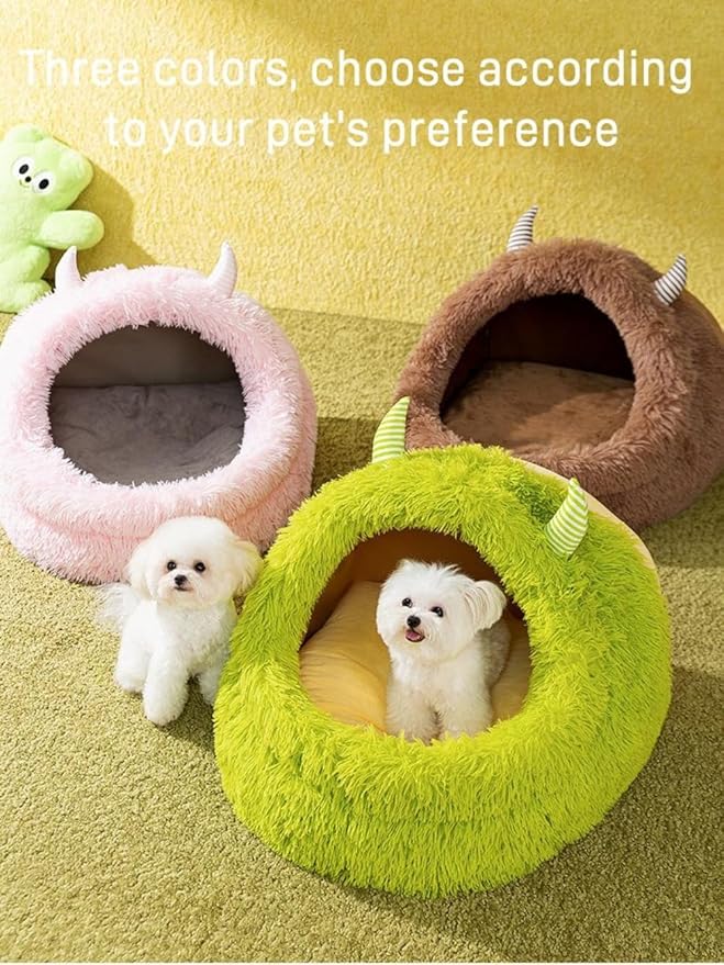 Autumn and Winter Cat Bed Semi-Enclosed Plush Warm Thickened Little Monster Cat Bed Indoor High Cushion Deep Sleep Dog Bed Small and Medium Dog Cat Bed Pet Bed (S,Brown)