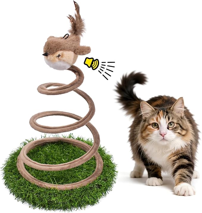 Interactive Cat Toy for Indoor Cats, Chirping Bird Cat Toy with Green Turf Base, Flying Bird Cat Toy with Real Bird Sound and Feather Tail, Cats Exercise & Kicker to Self Play