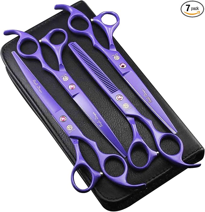Purple Dragon Professional 7.0 inch 4PCS Pet Grooming Scissors Kit Japan Premium Steel Straight & Curved & Thinning Blade Dog Hair Cutting Shears Set with Case