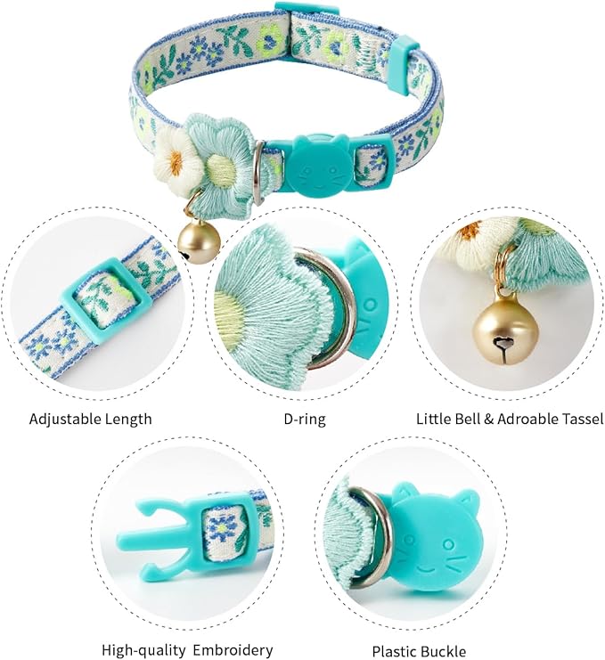 2 Pack Cat Collar Breakaway Cute Colorful Pattern for Cat Boy Girl Adjustable Length Collar with Little Bell Tassel Tribal Bohemian Pattern (2 Pack⎮Blue+Pink)