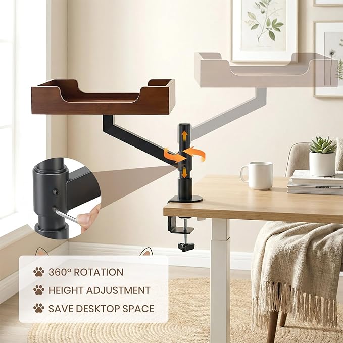 Cat Desk Bed - Classy Bamboo Base Come with Plush Bedding Stable and Sturdy Clamp Can Adjust Height 360° Rotation Have Your Precious Cat Watching While You Study or Work Up to 33 lb Load
