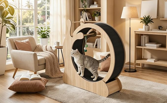 Cat Exercise Wheel,41" Wooden Cat Treadmill with TPE Silent Rollers, Indoor Running Wheel with Interactive Toys, Sisal Scratching Pad & Storage Shelf, Safe Narrow Gap for Large Cats