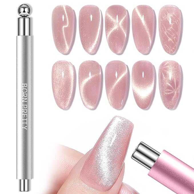 BORN PRETTY 3-in-1 Cat Magnetic Eye Magnet for Nails,Dual-Ended Cylindrical Magnetic Wand with Round Beads Multi-Function Cat Magnetic Eye Magnet Stick 3D Magnet Nail Art Design Tool for DIY(Silver)