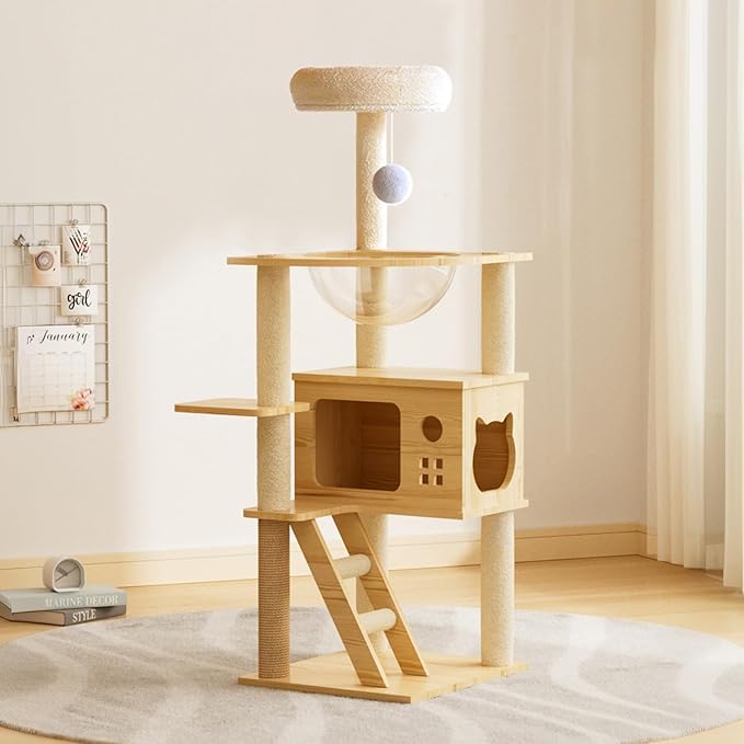 Modern Wooden Cat Tree for Indoor Cats, 48.8" Cat Tower with Scratching Posts, Acrylic Hammock, Multi Level Cat Condo for Large Cats (48.8")