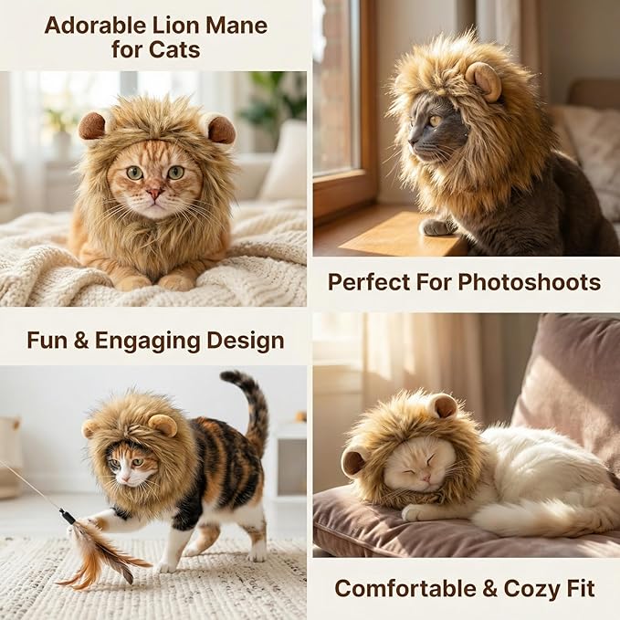 Lion Mane Wig for Cats, Adjustable Dog and Cat Costume for Halloween Christmas, Soft Pet Costumes and Cat Clothes (Size M)