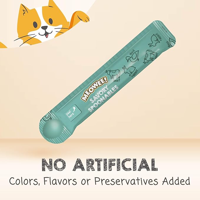 MEOWEE! Savory Spoonables with Real Duck, Beef and Rabbit for Cats, 4 Count, Treat Your Cat to Triple Flavor Squeezable Lickable Wet Treats with Built-in Spoon for Less Mess (Pack of 2)