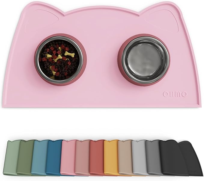 OHMO - Cat Food Mat, Silicone Pet Feeding Mat for Floor Non-Skid Waterproof Dog Water Bowl Tray, Easy to Clean Pet Placemat (Pink, 18 * 9.8'')