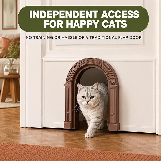 Cat Door for Interior Doors Large Cat Door - No-Flap, No Training Needed, Fits Cats Up to 25 lbs, Easy Installation, Installs in Minutes, Fits 1.25" to 1.75" Thick Solid & Hollow Doors Brown