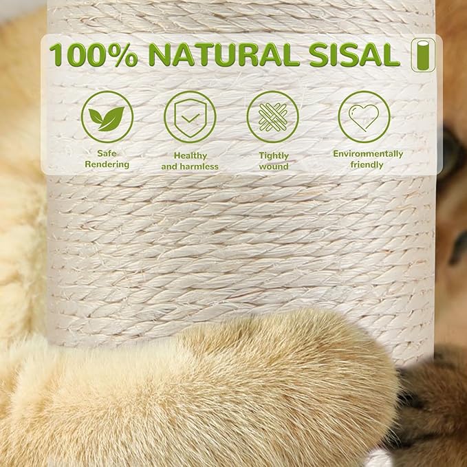 45'' Extra Tall Cat Scratching Post for Large Cats,3.5Inch Natural Sisal Scratcher with Solid Wood Base,Stable Cat Scratch Post with Interactive Toy,Self Groomer,Climbing Pole for Full Body Stretching