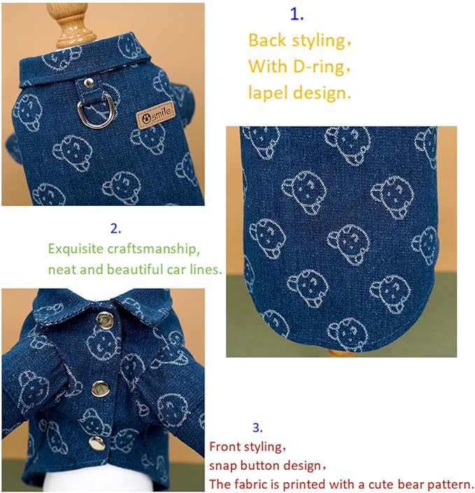 Unisex Pet Denim Shirt for Cats & Small Dogs, Soft Washed Denim, Collared Button Down with Back D-Ring, Breathable Cotton, Spring/Summer/Fall (Medium, Shirt-Dark Blue with Bear)