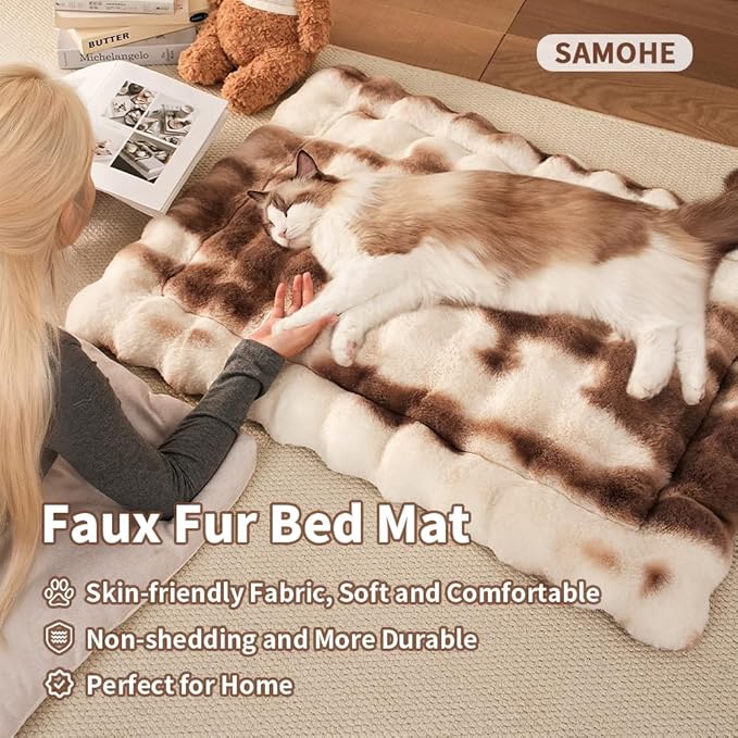 SOMAHE Cat Bed, Plush Faux Fur Kneading Flat Mat - Machine Washable Fluffy Pet Bed for Indoor Cats, Non-Slip Small Kitten Bed, Therapeutic Knead Cat Mat for Couch & Window Sill, 23"×15" Inch,Brown