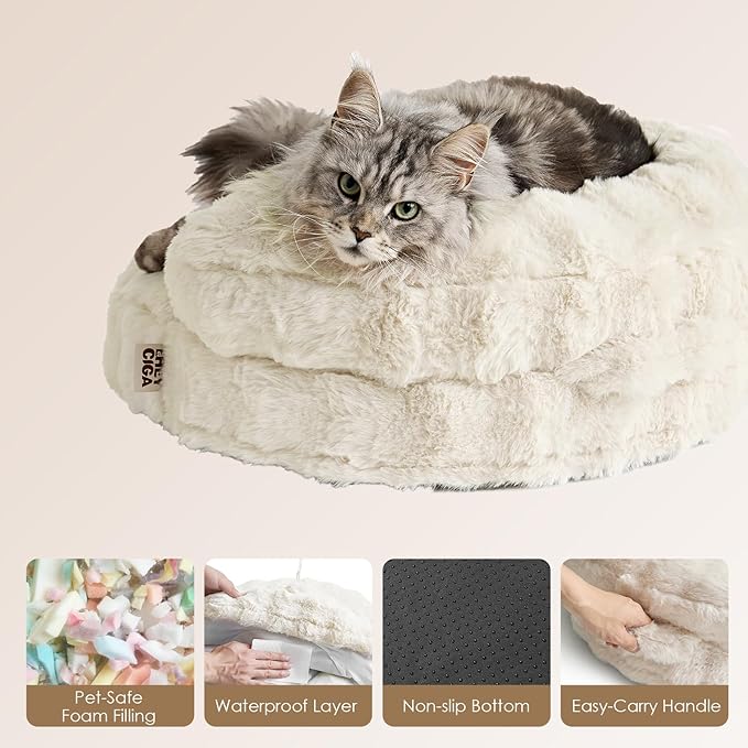 EHEYCIGA Soft Cat Couch Bed for Indoor Cats, Fluffy Small Dog Bed with Removable Washable Cover, Bolster Pet Sofa, Waterproof and Non-Slip, 26" x 26"x 8", Cream