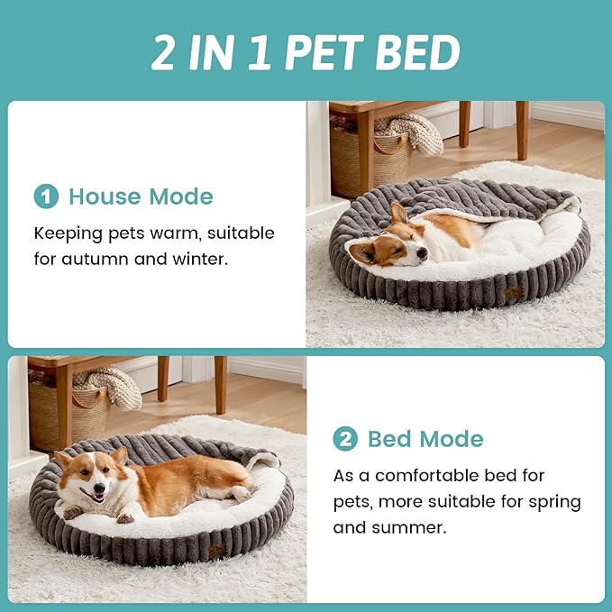 Dog Bed with Hooded Blanket, Round Fluffy Anti-Anxiety Pet Bed for Small Dogs & Medium Dogs, Cozy Donut Cuddler with Machine Washable Faux Fur & Anti-Slip Bottom(26"×26"×7",Grey)