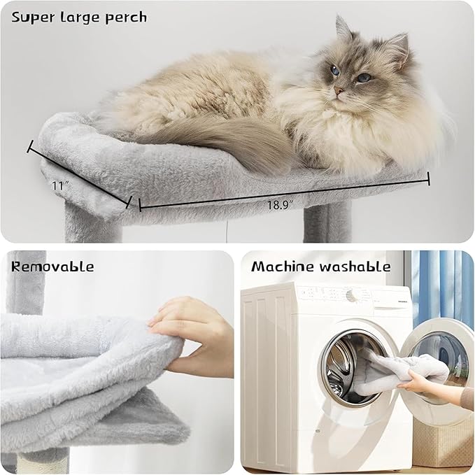 68" Grey Cute Cat Tree for Indoor Cats Large Adult, Tall Cat Tower with Scratching Post & Condo, Hammock, Aesthetic Cats Stand, Modern, Easy Assembly (Light Grey, 68" Tall)