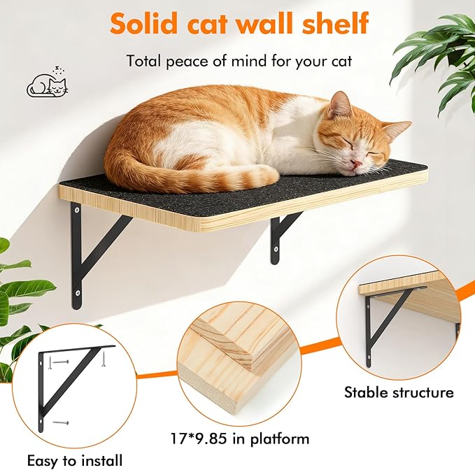Cat Wall Shelves, 17 x 10 Inch Cat Walls Furniture, Wood Floating Shelf with Upgraded Installation, Kitten Wall Tree for Sleeping, Playing Climbing and Scratching