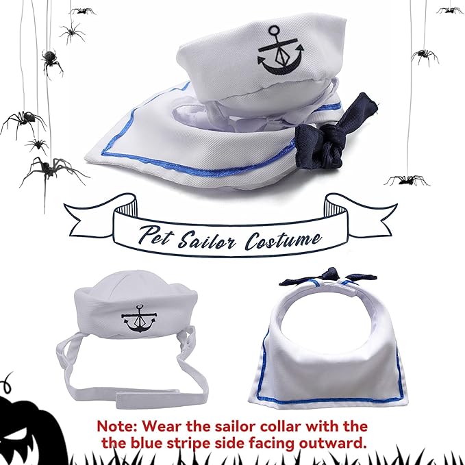 Cat Costume for Halloween Pet Sailor Outfit Navy Hat with Sailor Collar for Small Dogs/Dolls/Cats