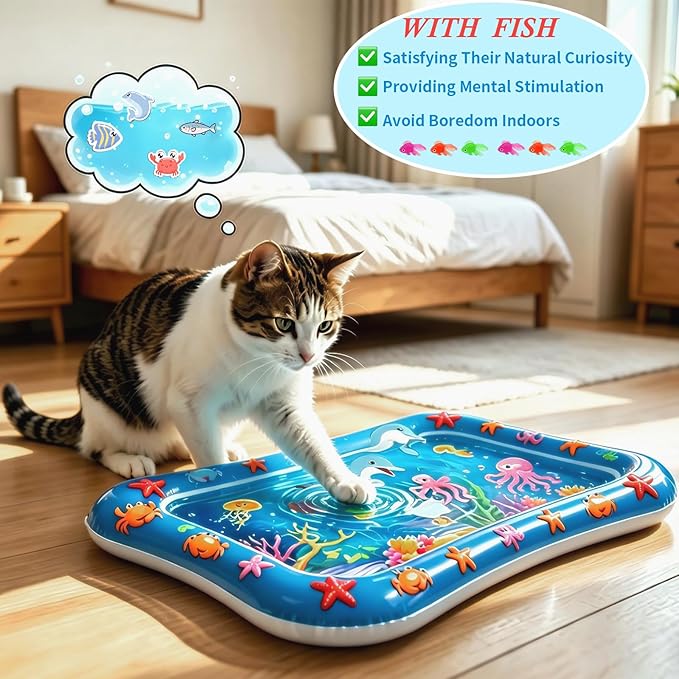 2 Pack Upgraded 0.8MM Thickened Cat Water Mat with Fish, Interactive Cat Toy for Indoor Cats to Exercise, Cooling & Heating Water Bed Sensory Play Mat for Bored Adult Kitten Cats to Hunting