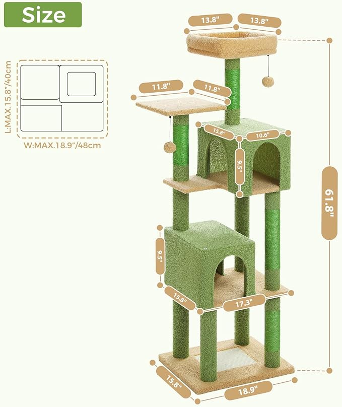 62" Cactus Cat Tree for Large Cats, Multi-Level Cat Tower with 2 Plush Condos, Soft Bed, Scratching Posts & Pad, Padded Perch & 2 Hanging Pompoms for Indoor Cats, Green