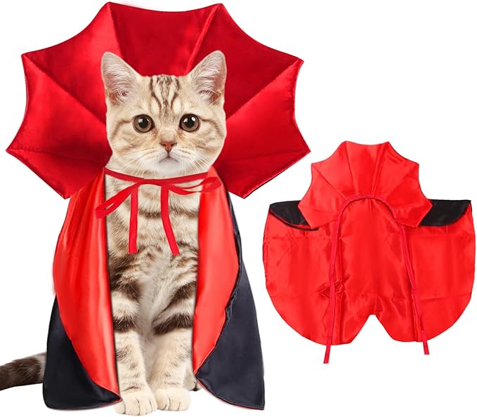 Pet Vampire Cape Costume for Cats and Small Dogs, Funny Adjustable Pet Cloak Apparel for Halloween, Birthday, Photoshoot, Cosplay Dress Up Accessories